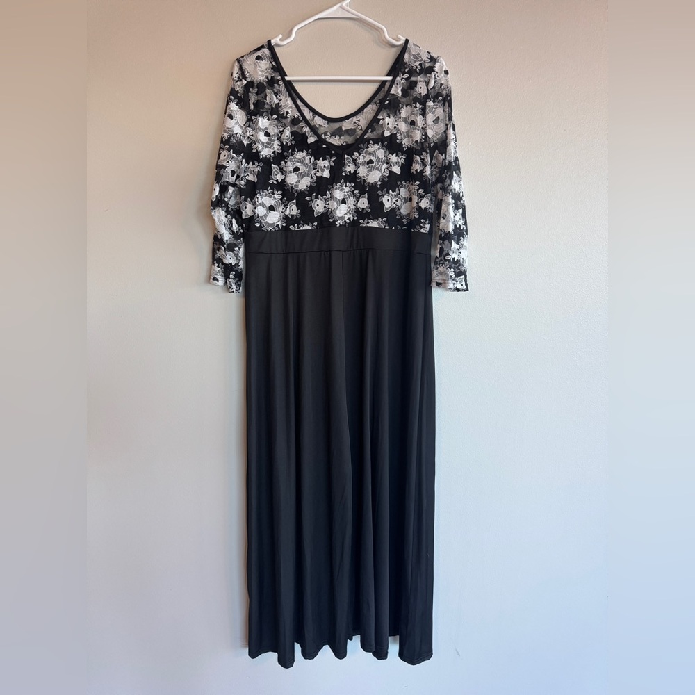 SHEIN Black White Floral Lace Maxi Dress Long Sleeve Formal Wedding Guest 1XL